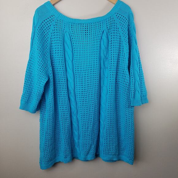 Lane Bryant Sweater Teal Open Knit V Neck 3/4 Sleeve Top Size 22/24 - Picture 2 of 11